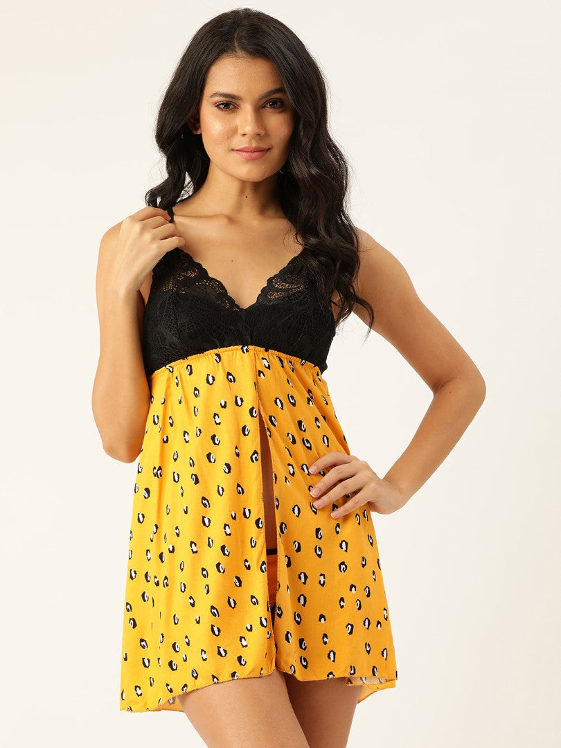 Yellow Printed babydoll with lace