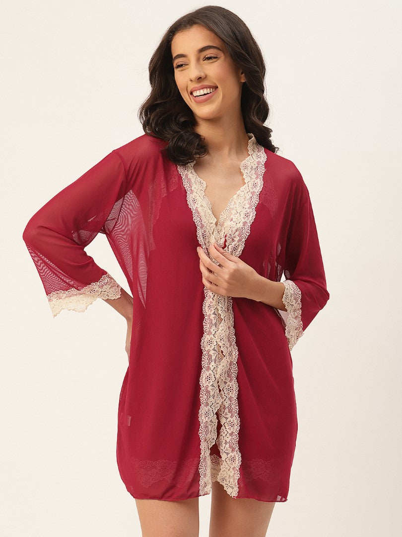 Maroon babydoll with Net/Lace