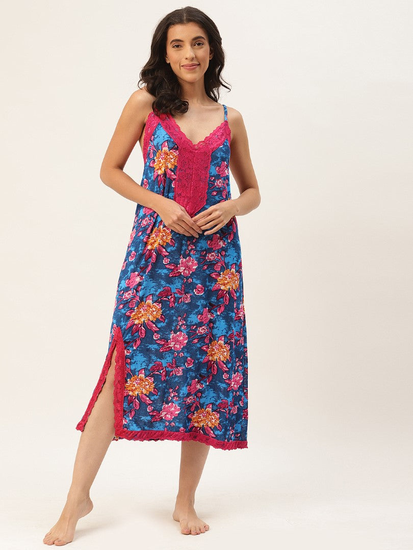Blue Floral Finish Nightwear/Nighty.