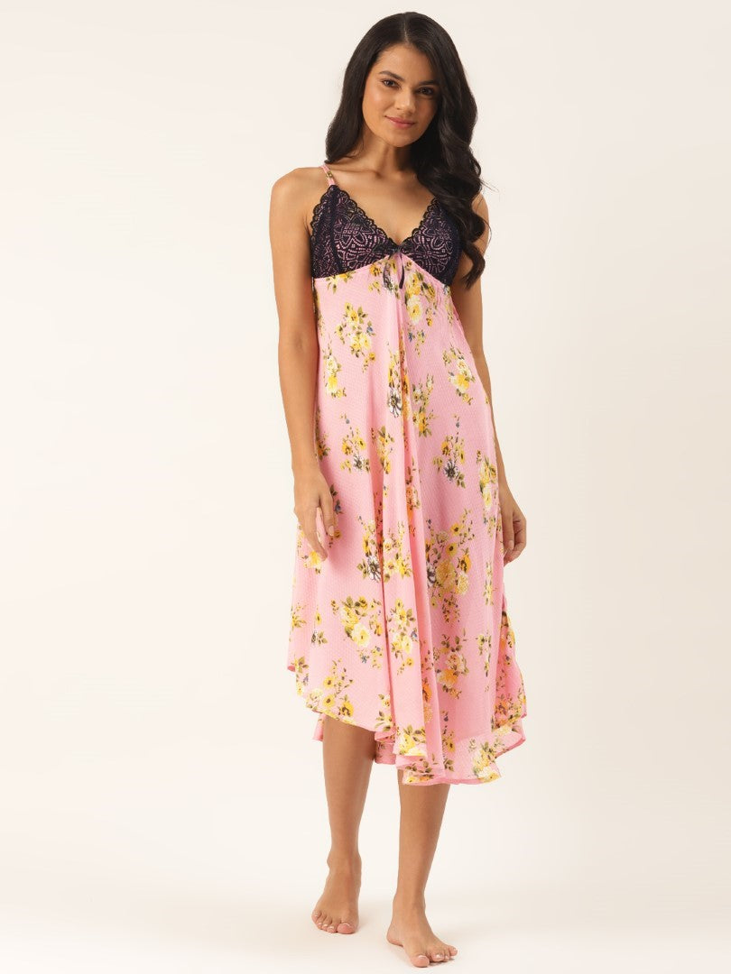 Peach Floral Printed Nightdress with Lace Fabric