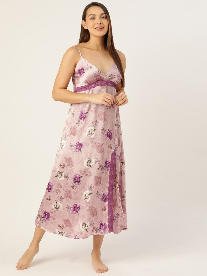 Floral Print Satin Nightwear/Nighty