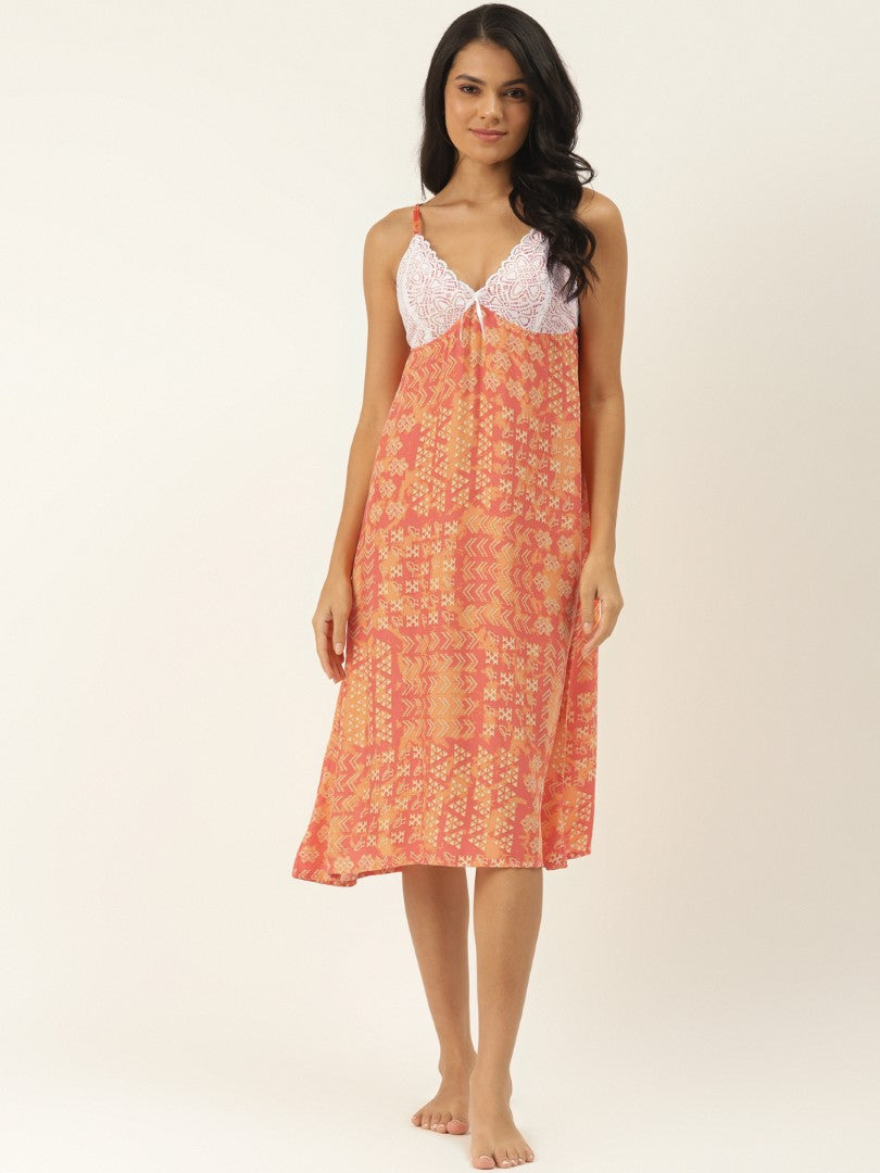 Orange & Coral Pink Printed Nightdress with Lace Fabric