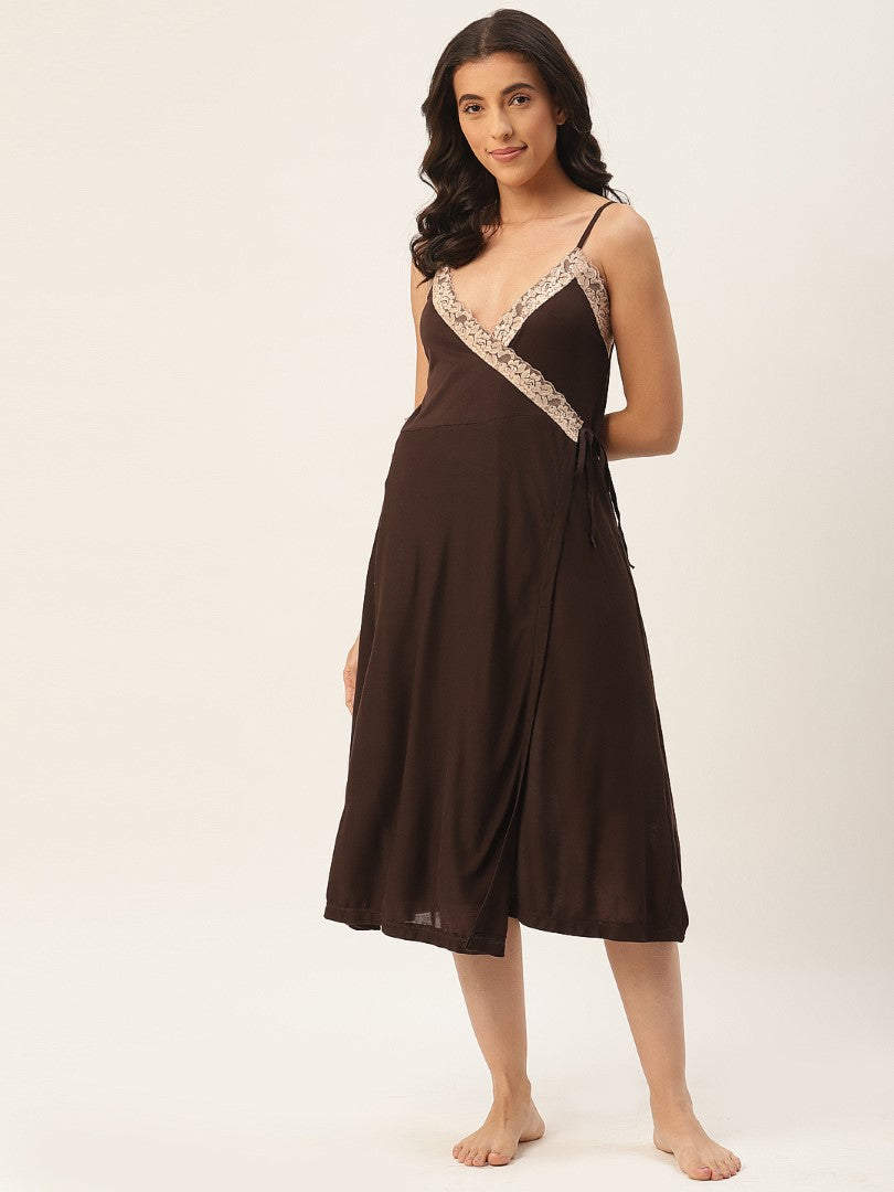 Dark Brown Solid finish Nightwear/ Nighty with Modal Fabric and Lace