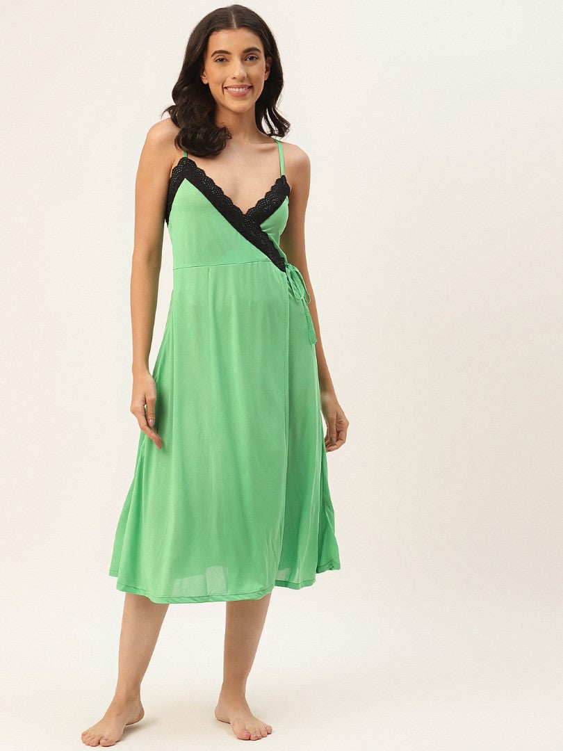 Parrot Green Solid finish Nightwear/ Nighty with Cotton Fabric and Lace