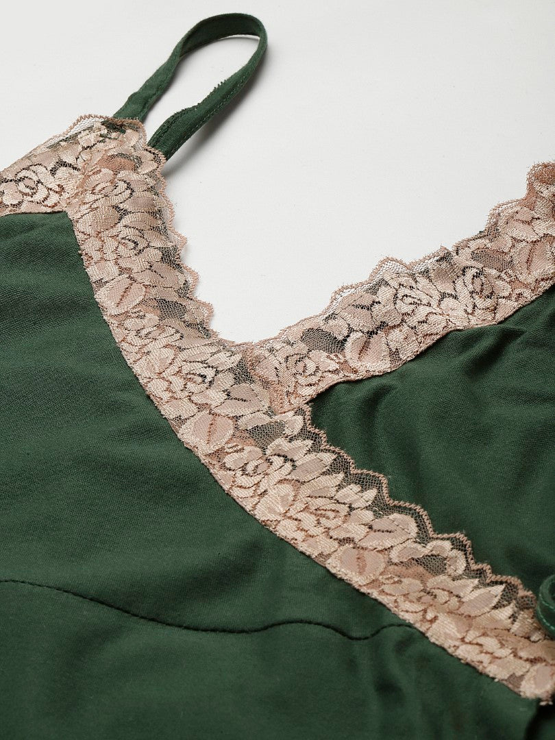 Green Solid finish Nightwear/ Nighty with Cotton Fabric and Lace