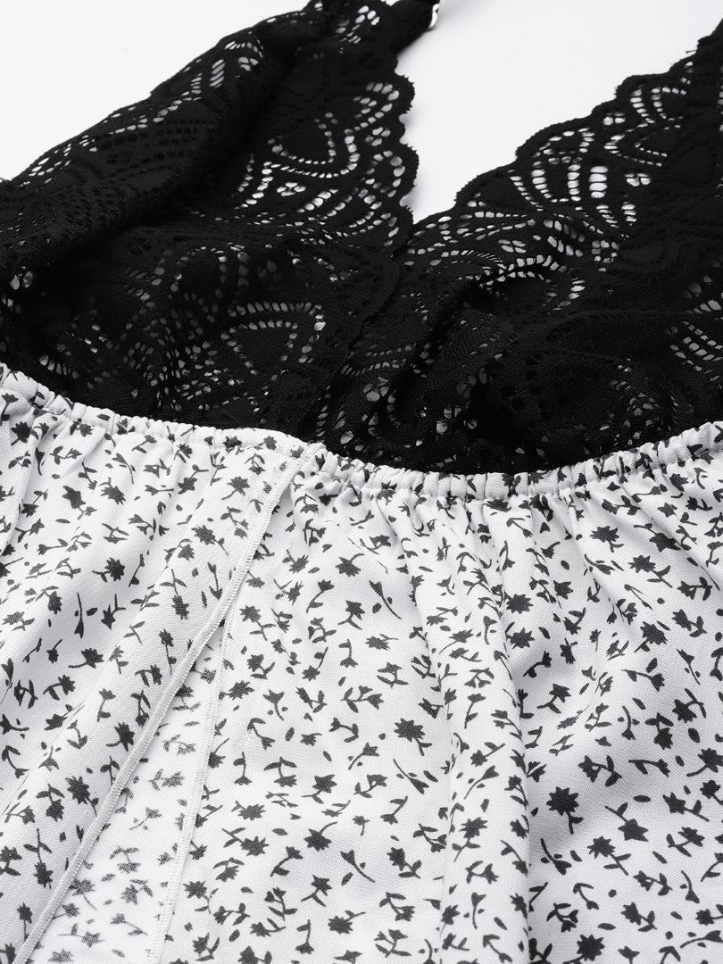 White Floral Printed babydoll with lace