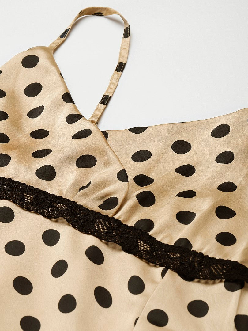 Golden Satin Nightwear/Nighty with Black Polka Dots