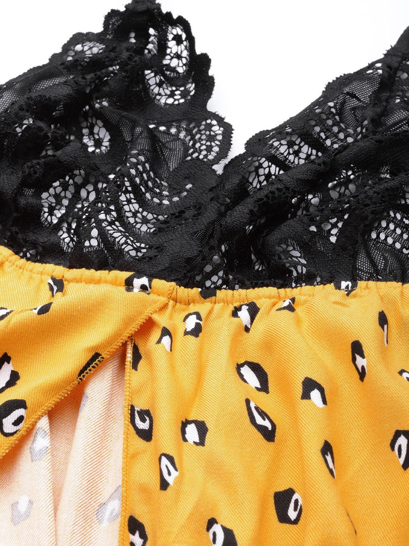 Yellow Printed babydoll with lace