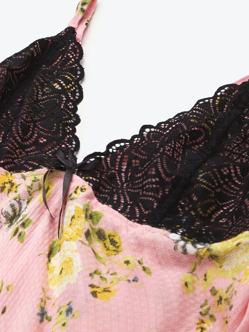 Peach Floral Printed Nightdress with Lace Fabric