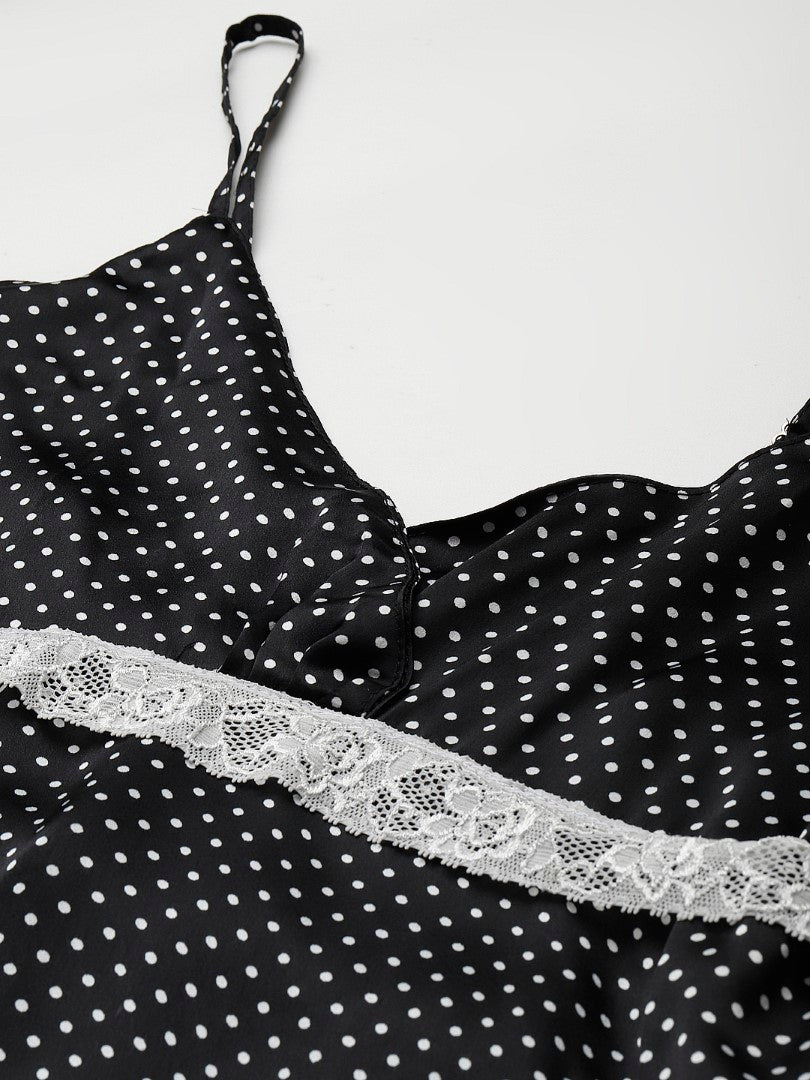 Black Satin Nightwear/Nighty with White Polka Dots