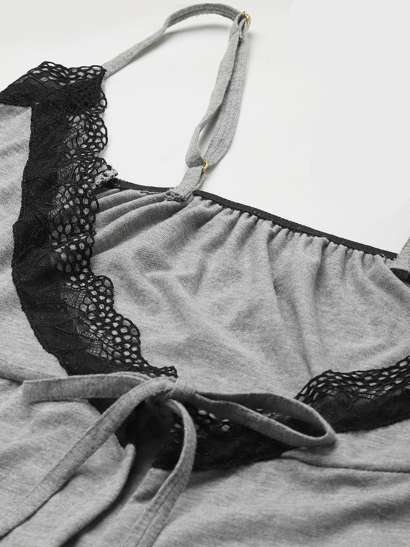 Grey Solid finish Nightwear/ Nighty with Modal Fabric and Lace