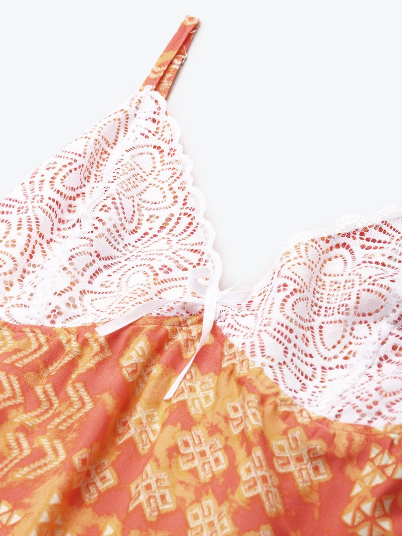 Orange & Coral Pink Printed Nightdress with Lace Fabric