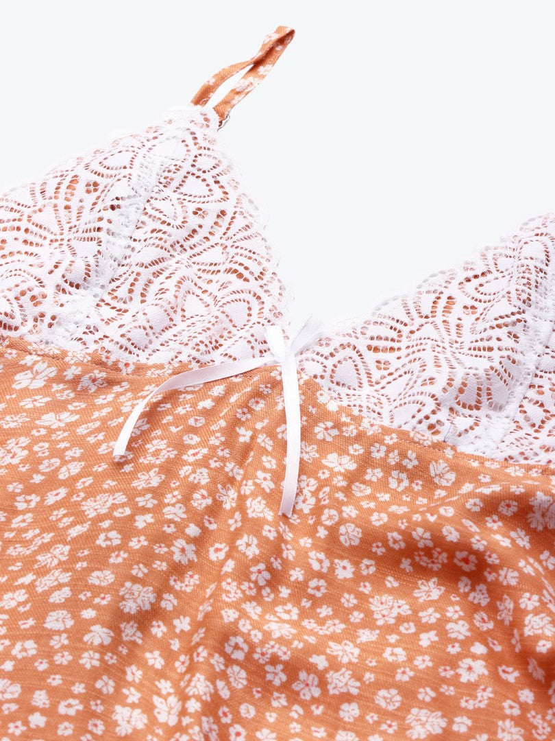 Orange & White Floral Printed Nightdress with Lace Fabric