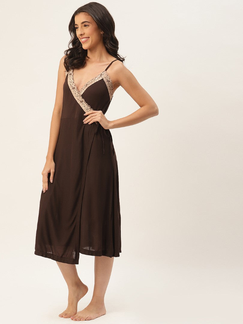 Dark Brown Solid finish Nightwear/ Nighty with Modal Fabric and Lace