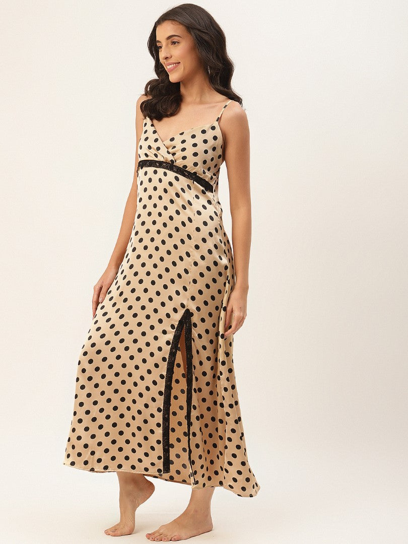 Golden Satin Nightwear/Nighty with Black Polka Dots