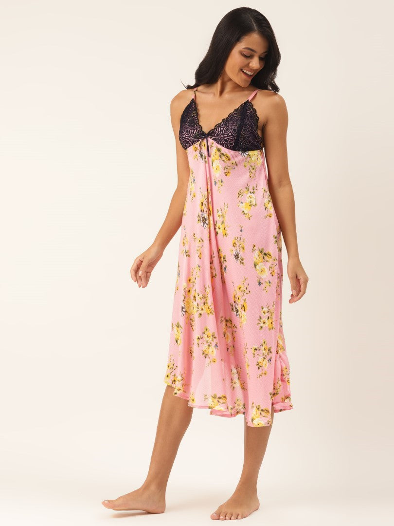 Peach Floral Printed Nightdress with Lace Fabric