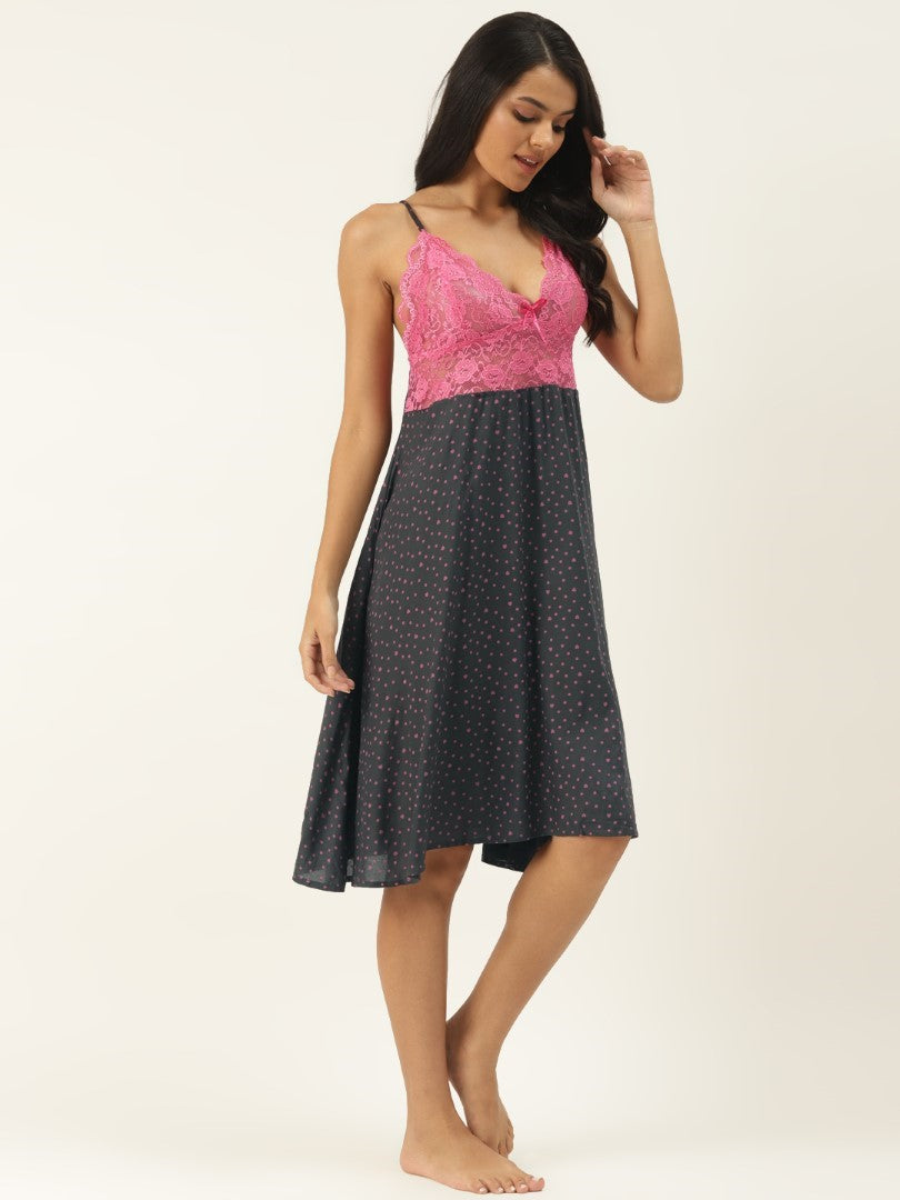 Charcoal Grey & Pink Printed Nightdress