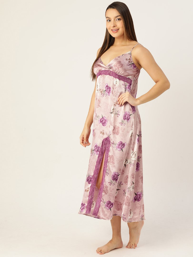 Floral Print Satin Nightwear/Nighty