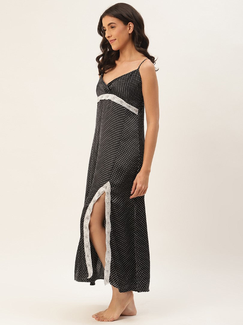 Black Satin Nightwear/Nighty with White Polka Dots