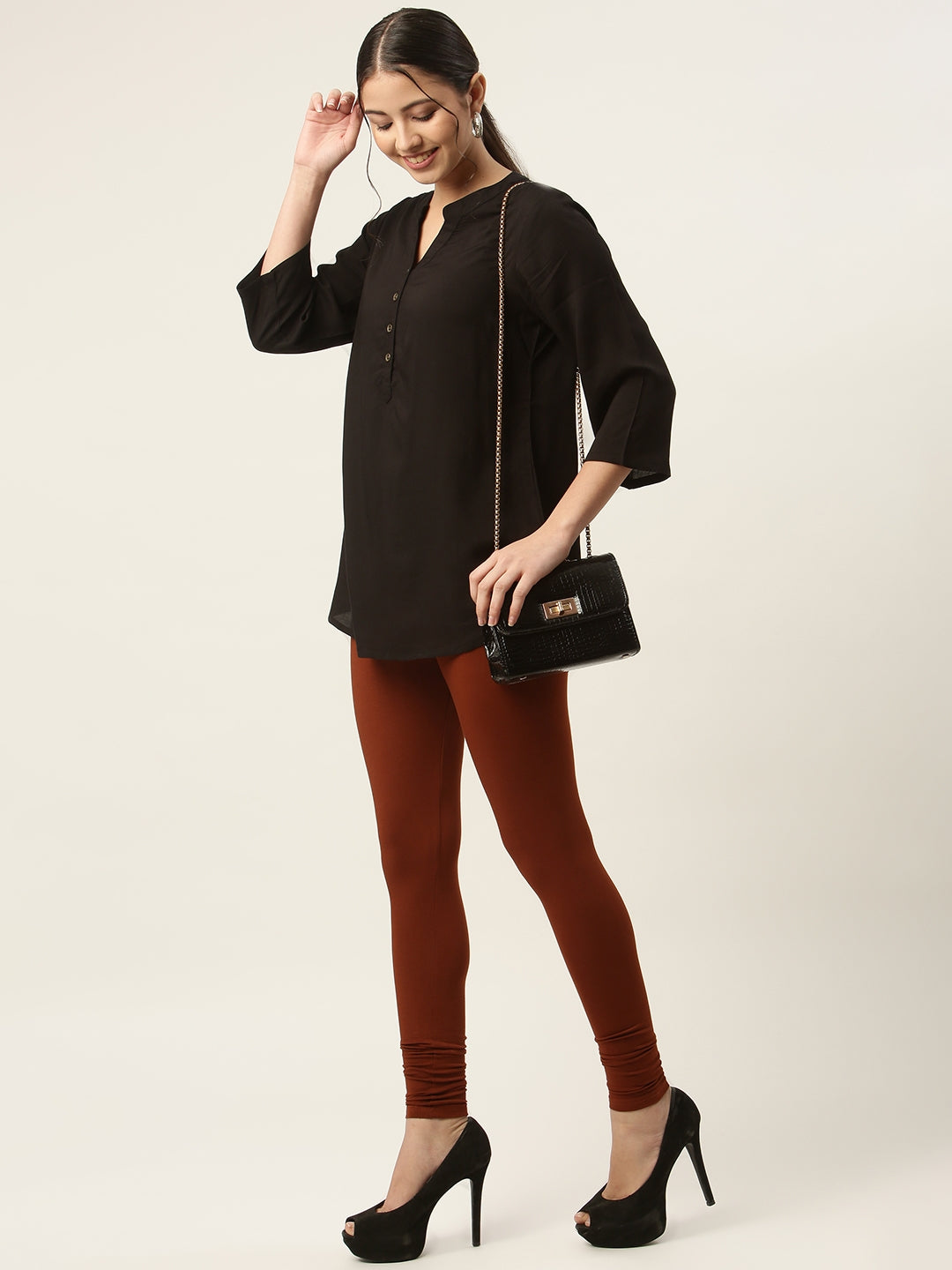Women Rust Churidar-Length Leggings