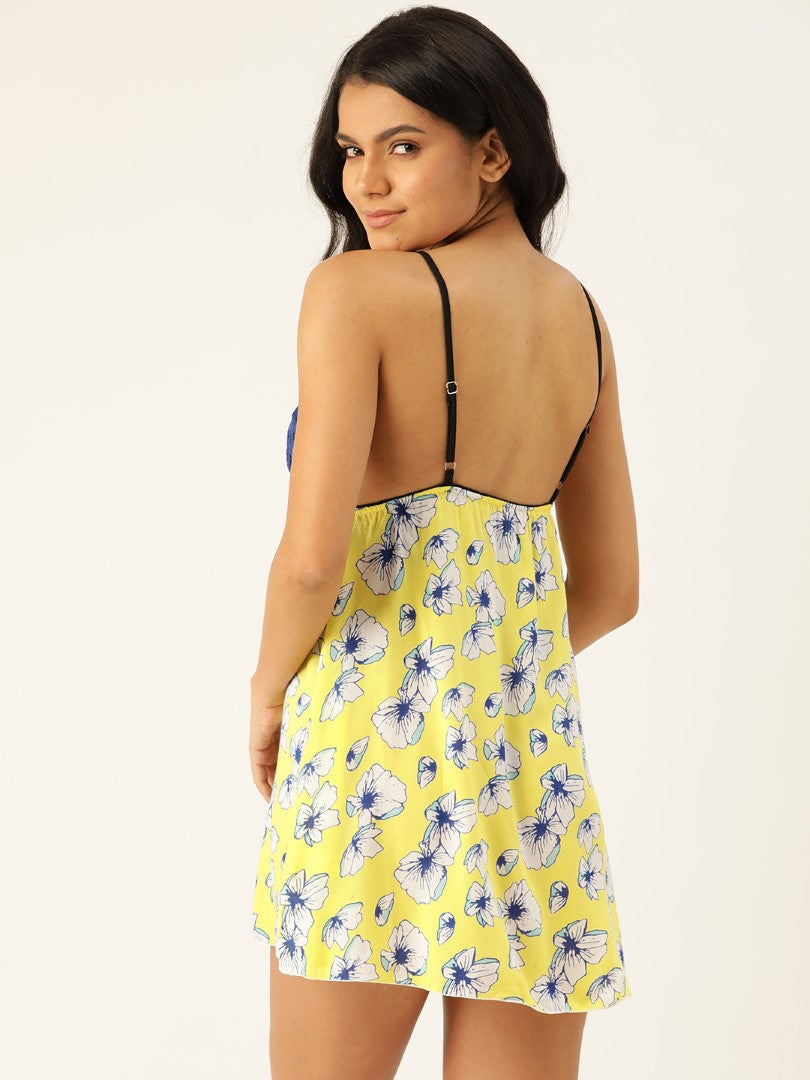 Lime Yellow Floral Printed babydoll with lace