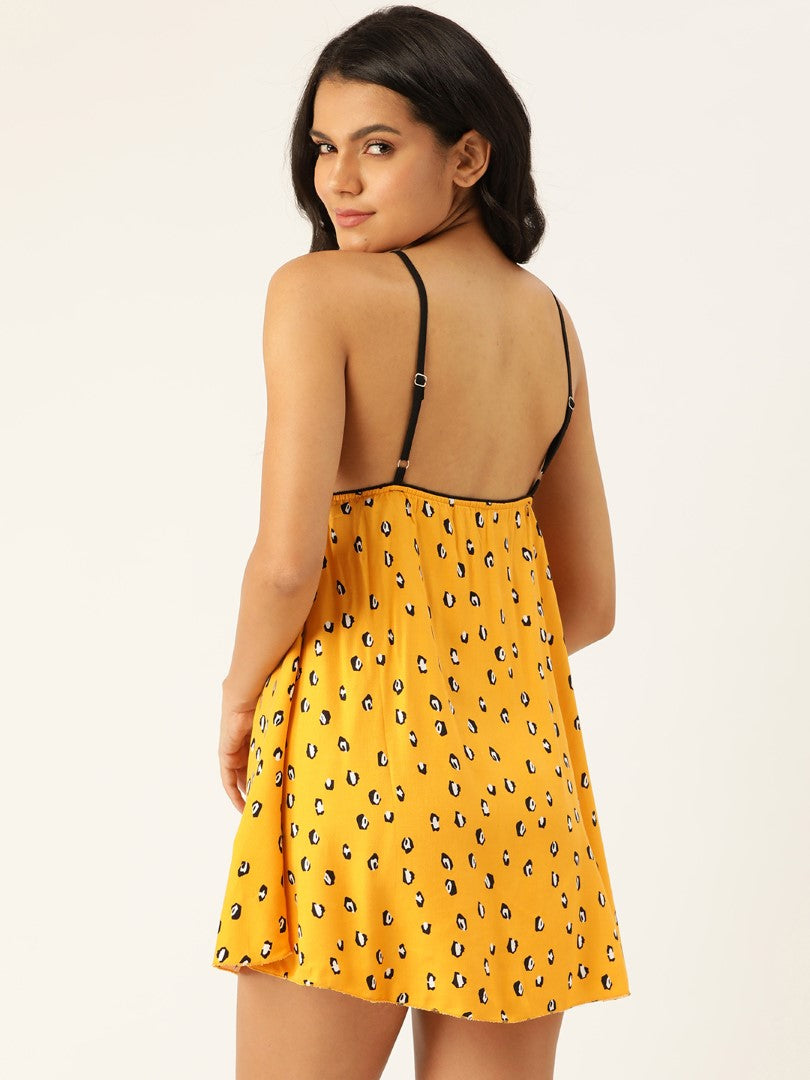 Yellow Printed babydoll with lace