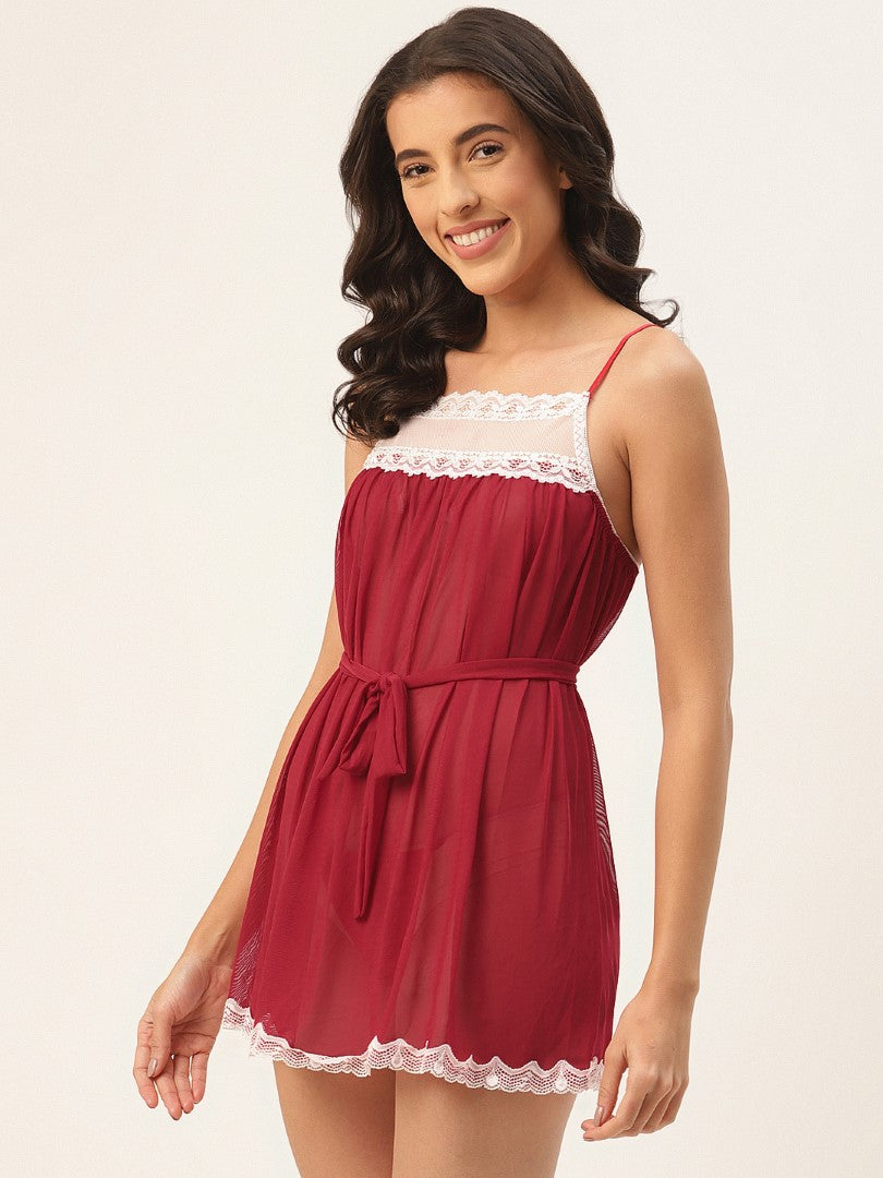 Maroon babydoll with Net/Lace