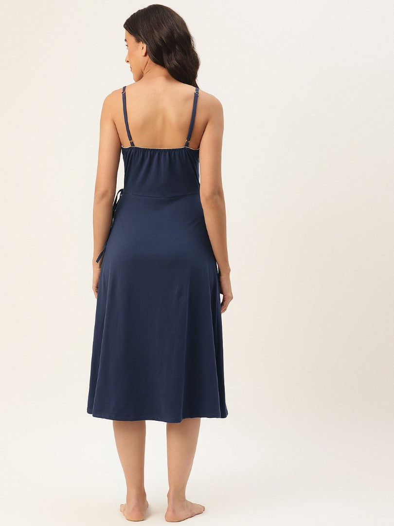 Blue Solid finish Nightwear/ Nighty with Cotton Fabric and Lace