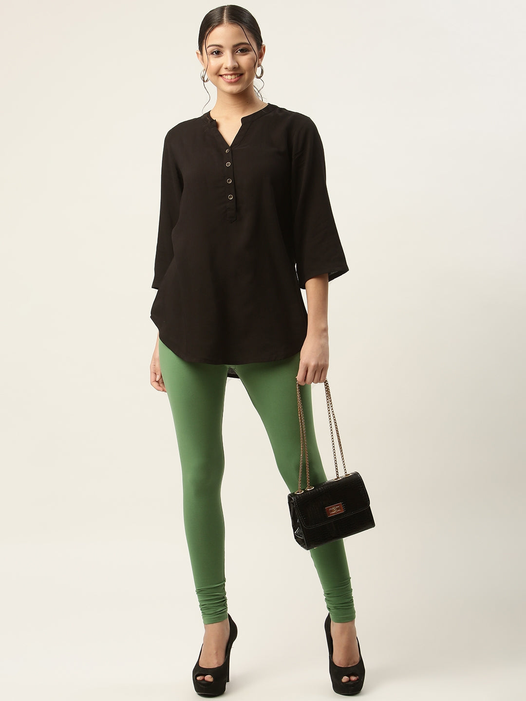 Women Olive Green Churidar-Length Leggings