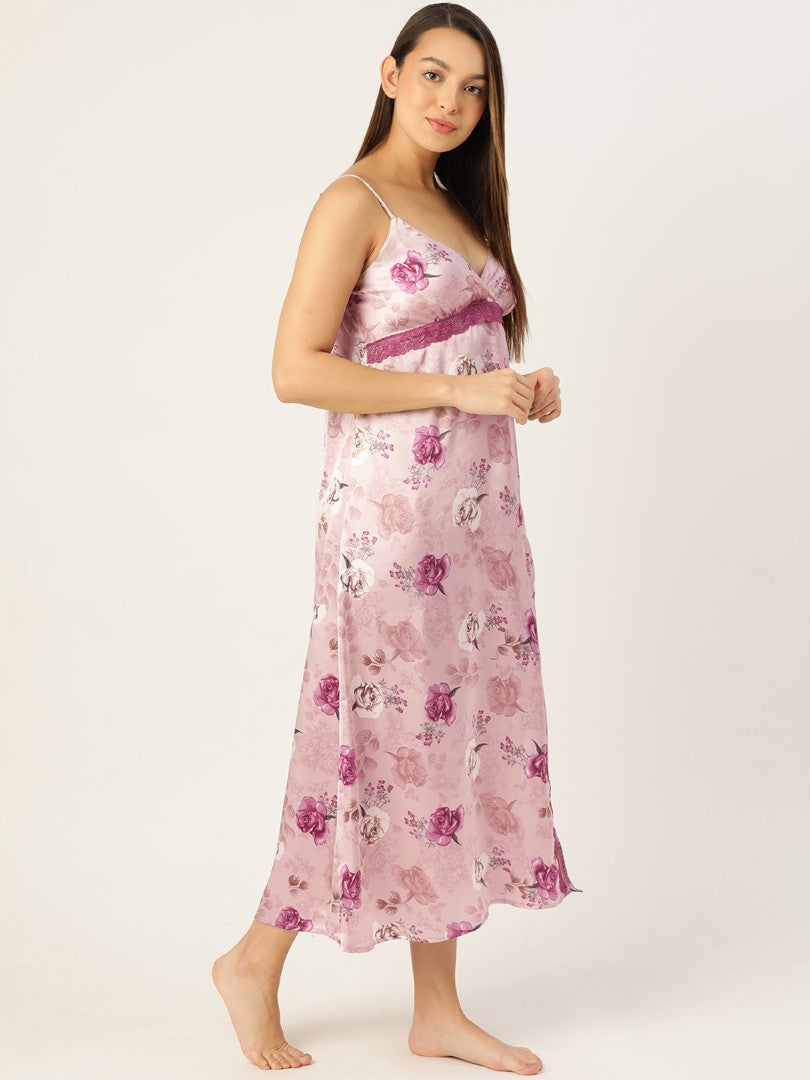 Floral Print Satin Nightwear/Nighty