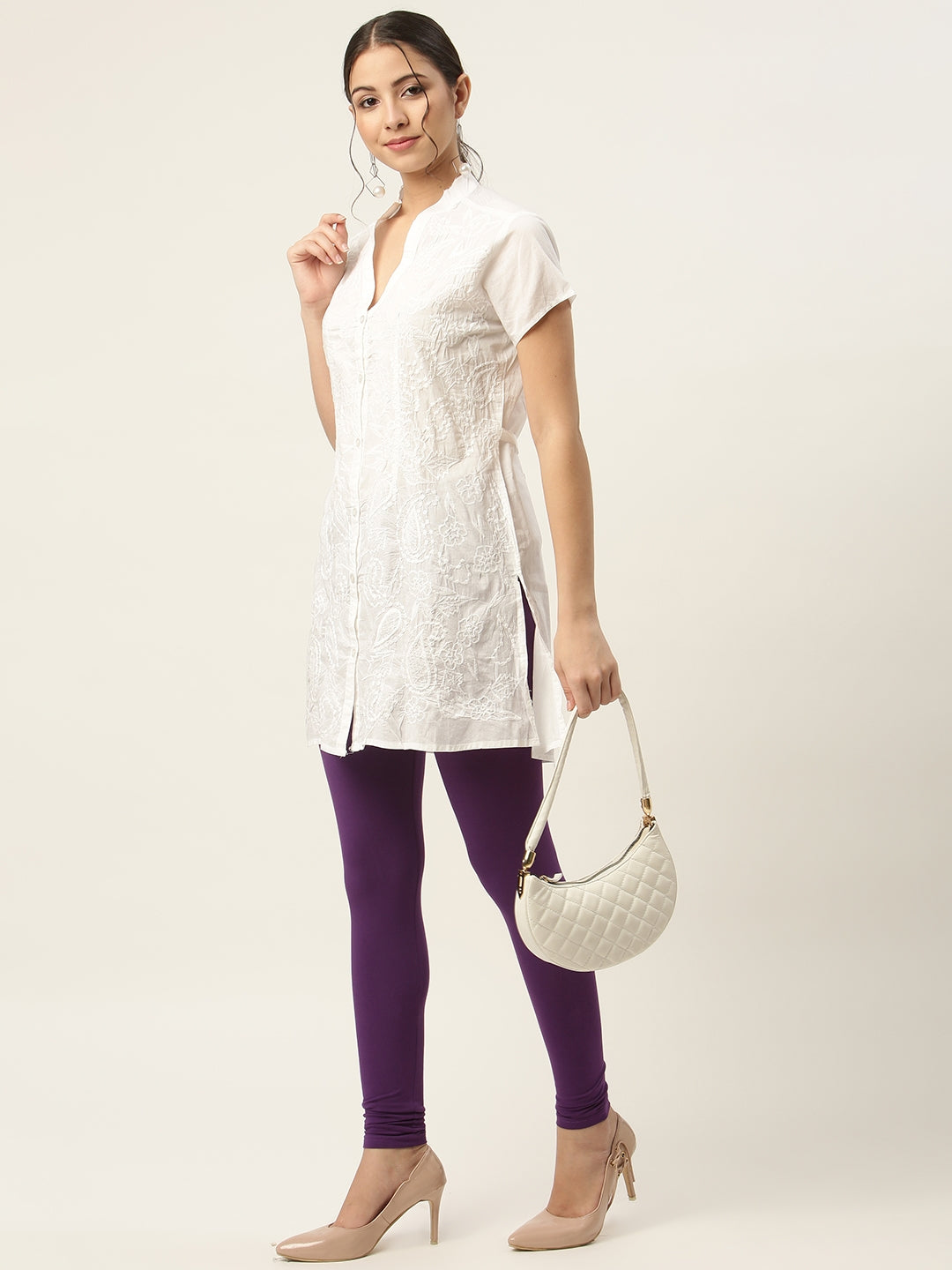 Women Purple Churidar-Length Leggings