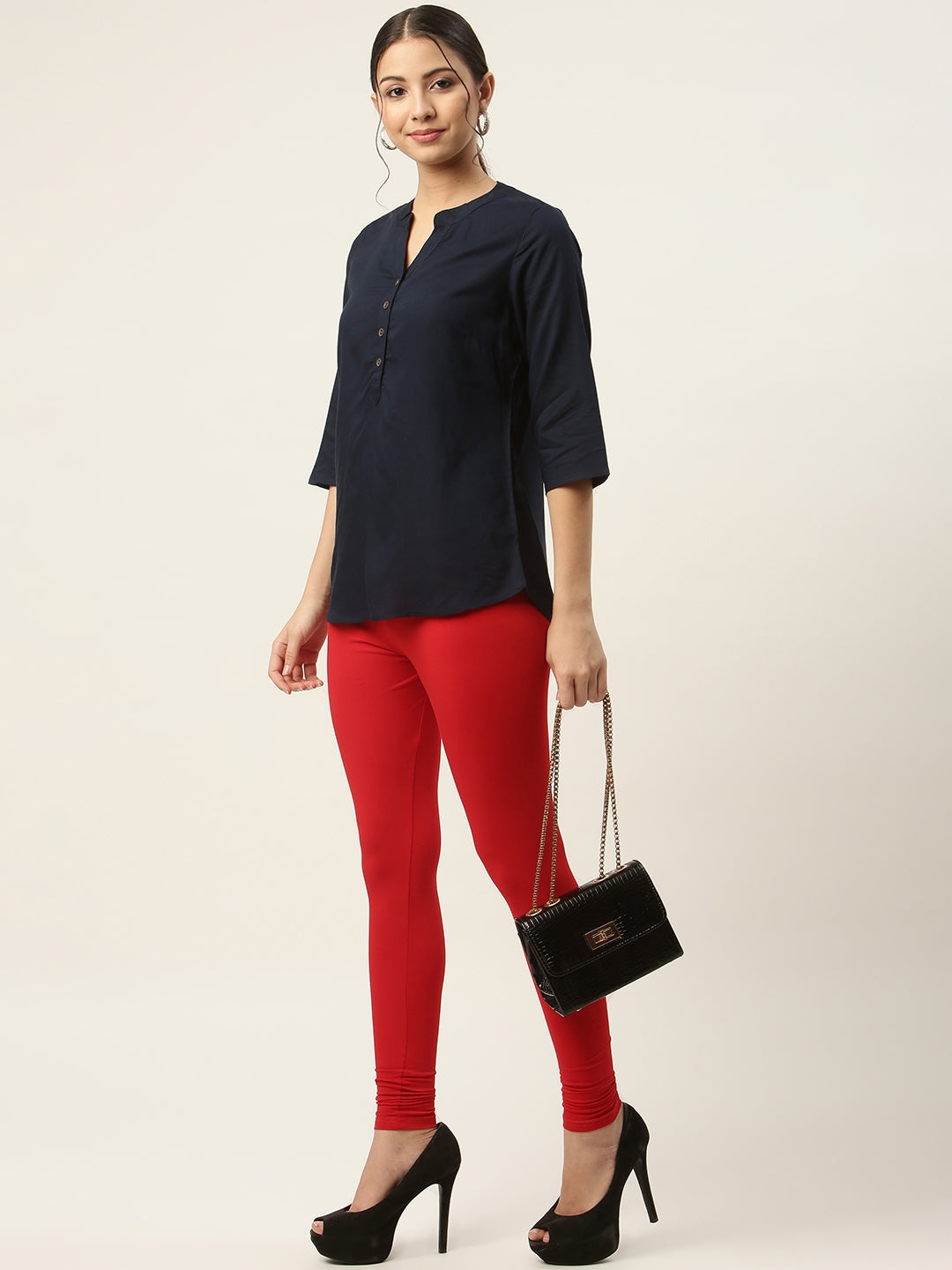 Women Red Churidar-Length Leggings