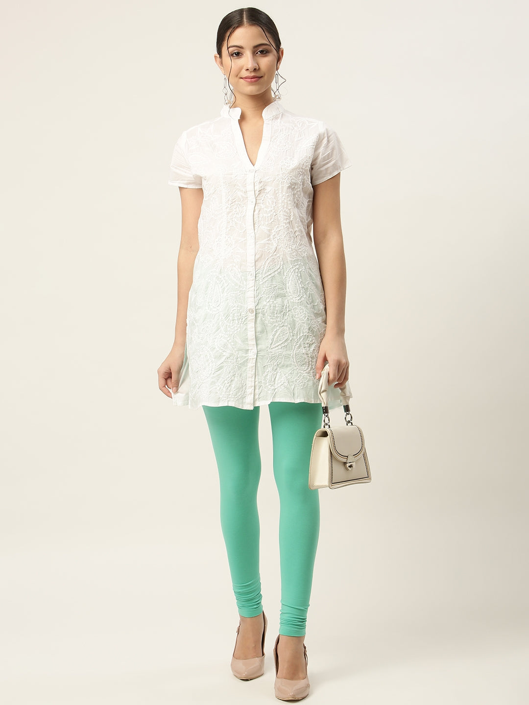 Women Pista Green Churidar-Length Leggings