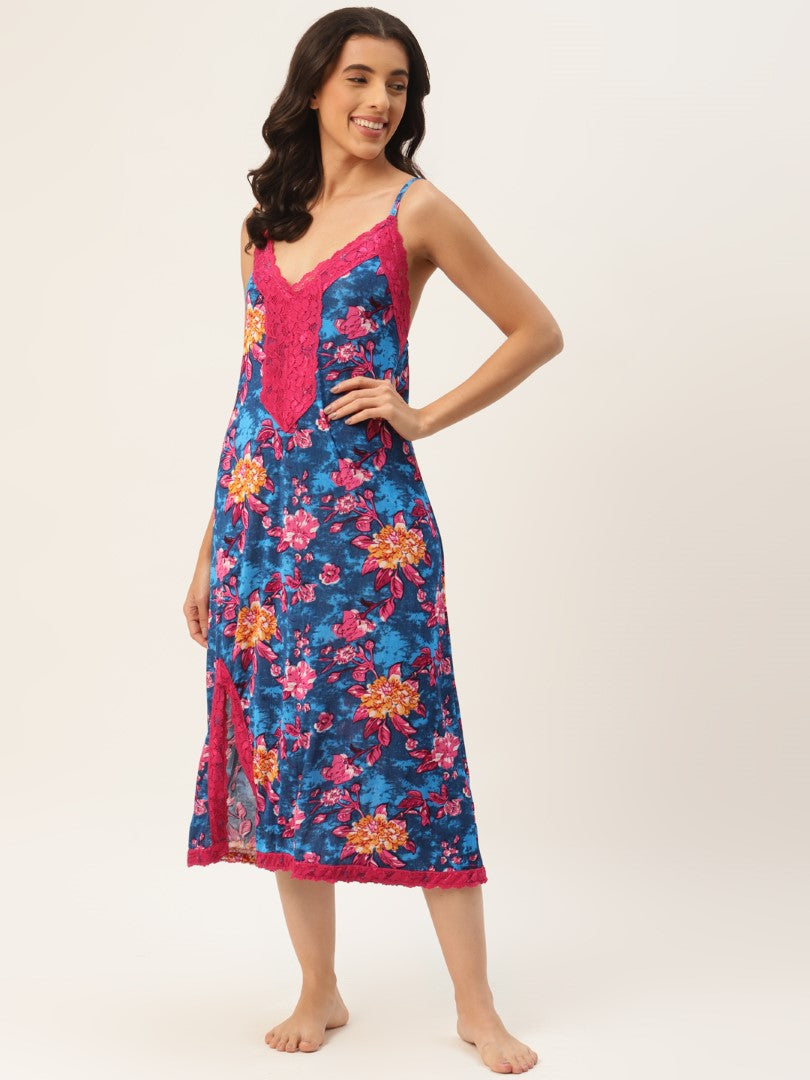 Blue Floral Finish Nightwear/Nighty.