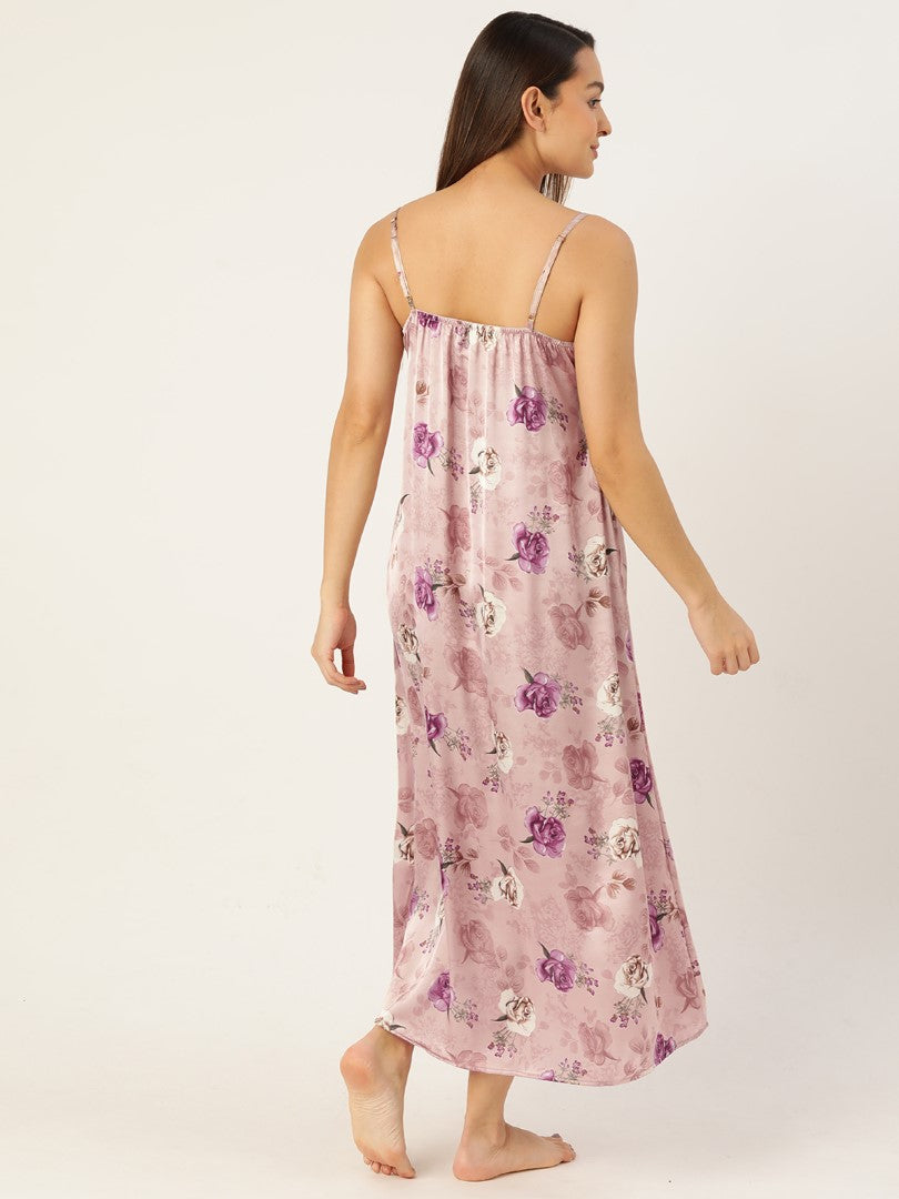 Floral Print Satin Nightwear/Nighty