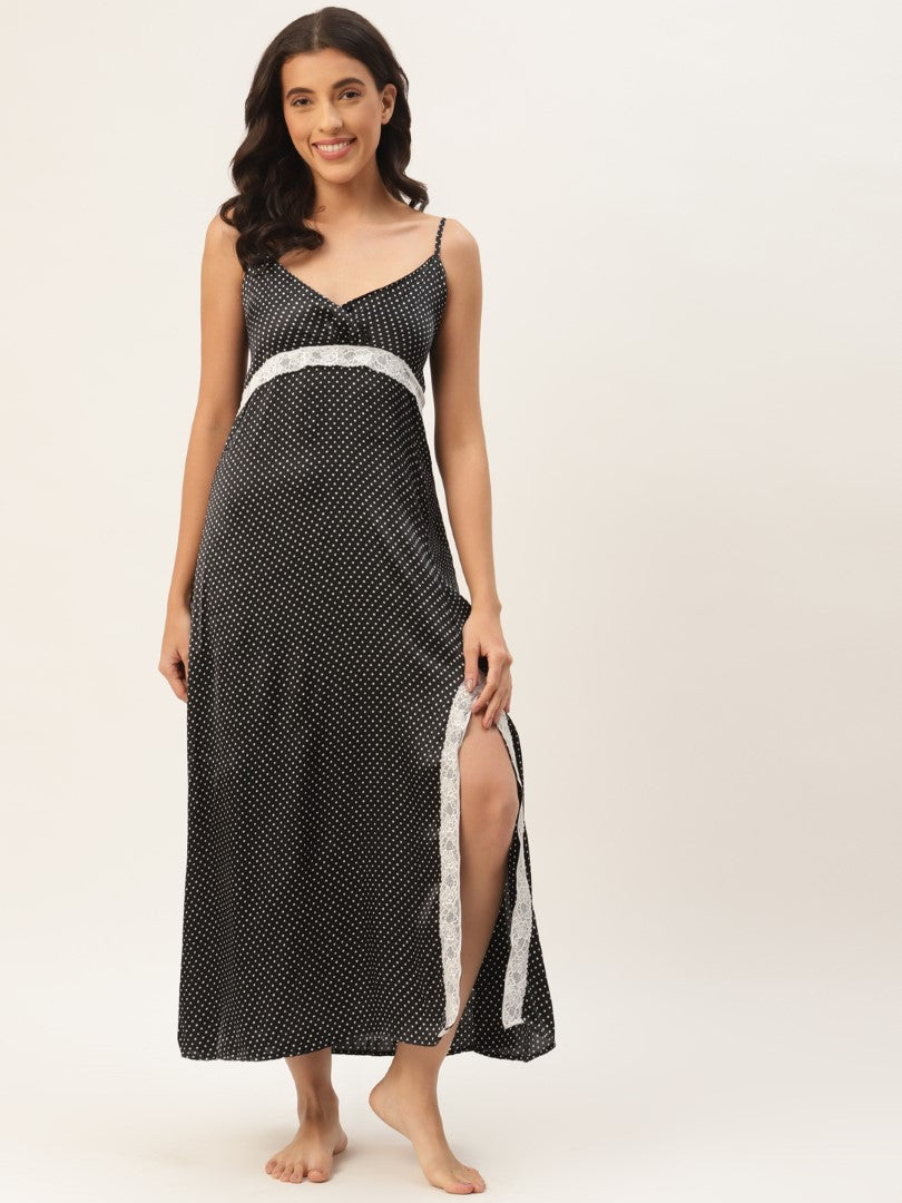 Black Satin Nightwear/Nighty with White Polka Dots