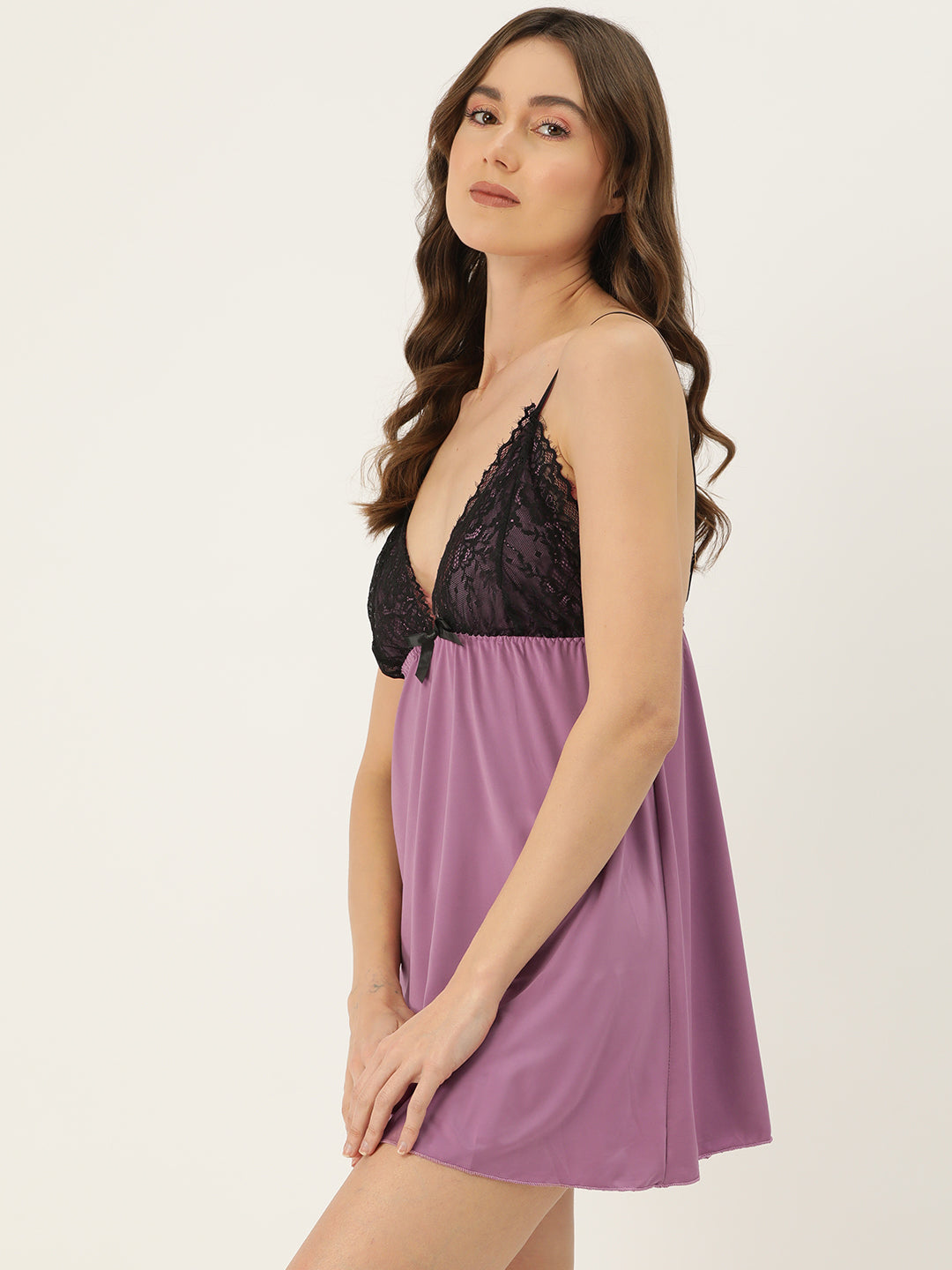 Ms.Lingies Purple Solid Finish Babydoll Lingerie/Nighty with Robe & matching Thong