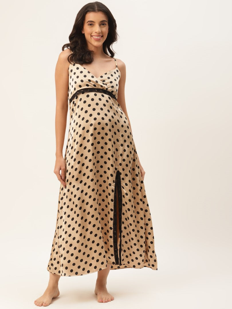 Golden Satin Nightwear/Nighty with Black Polka Dots