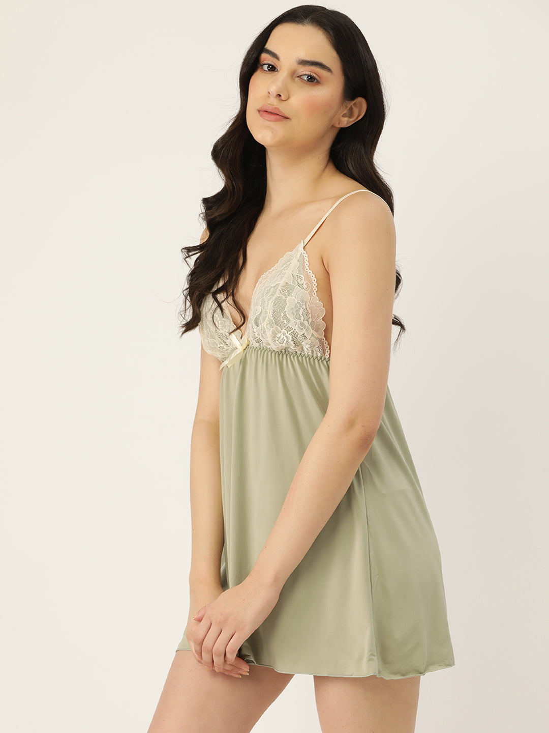 Ms.Lingies Green Solid Finish Babydoll Lingerie/Nighty with Robe & matching Thong
