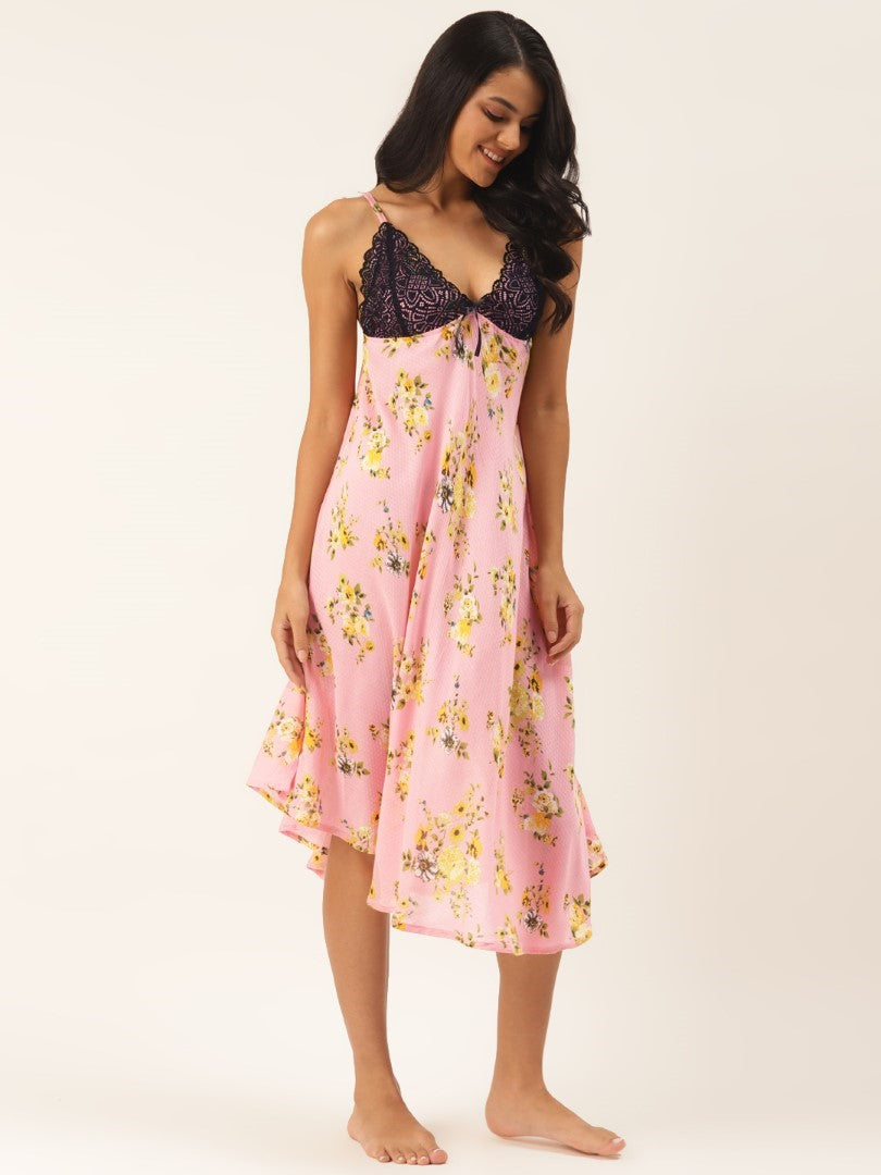 Peach Floral Printed Nightdress with Lace Fabric