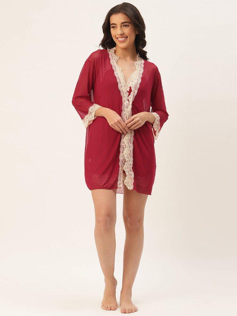 Maroon babydoll with Net/Lace