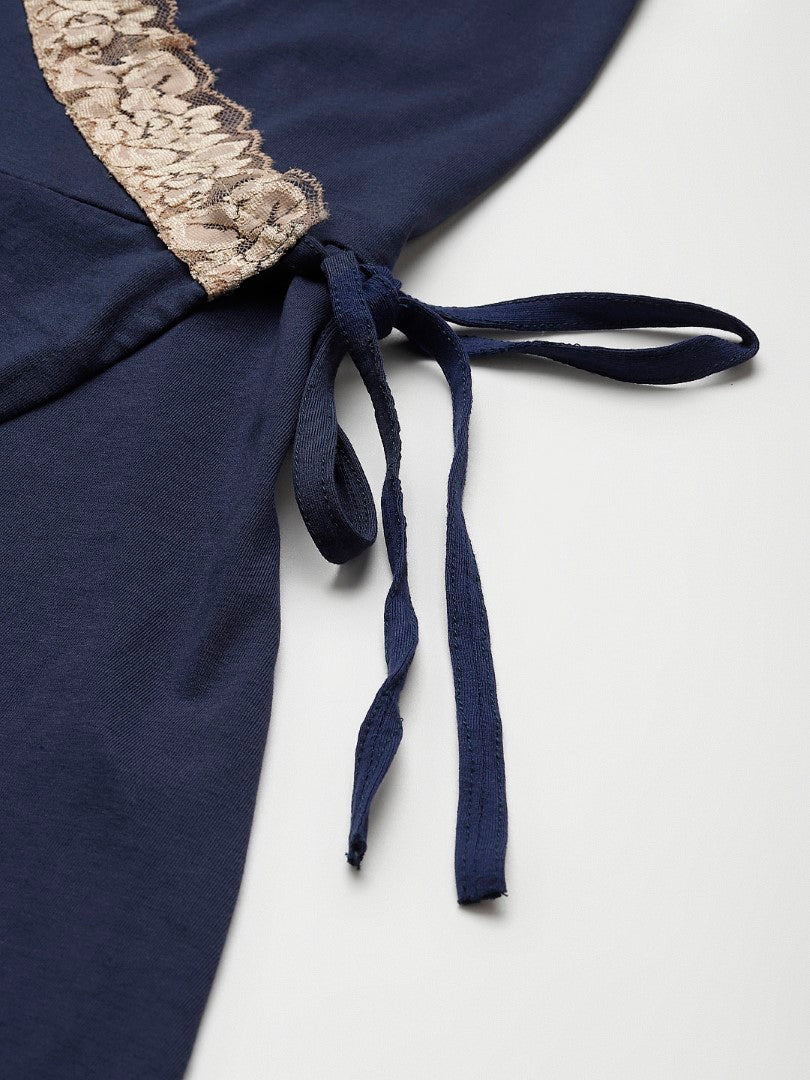 Blue Solid finish Nightwear/ Nighty with Cotton Fabric and Lace