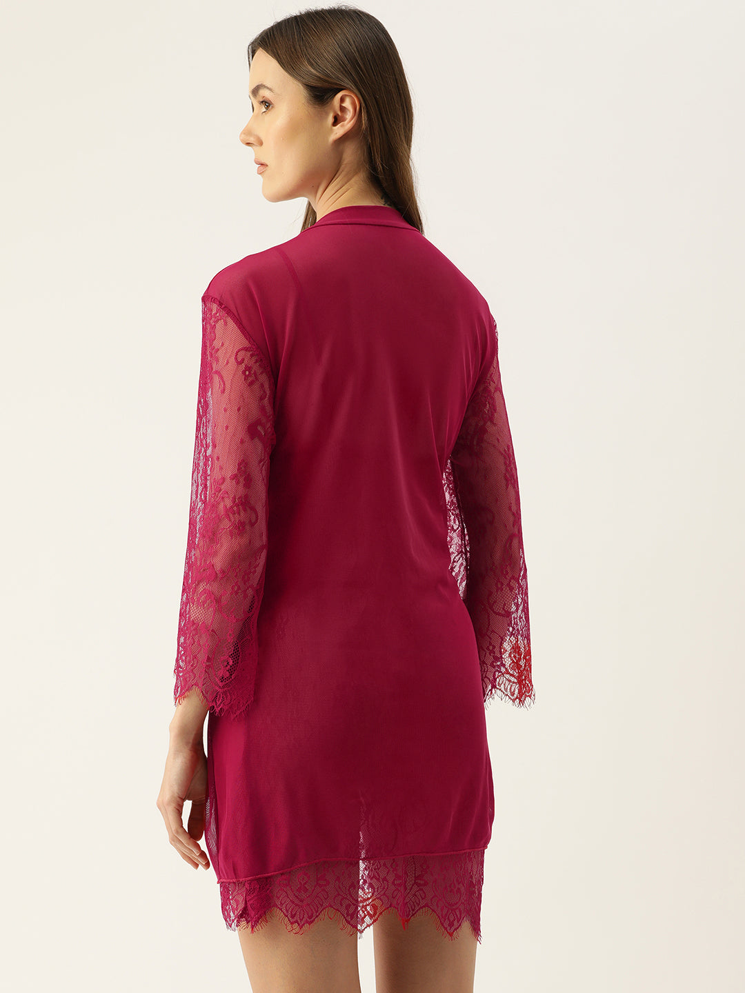 Ms.Lingies Maroon Full Lace Babydoll Lingerie/Nighty with Robe & Thong