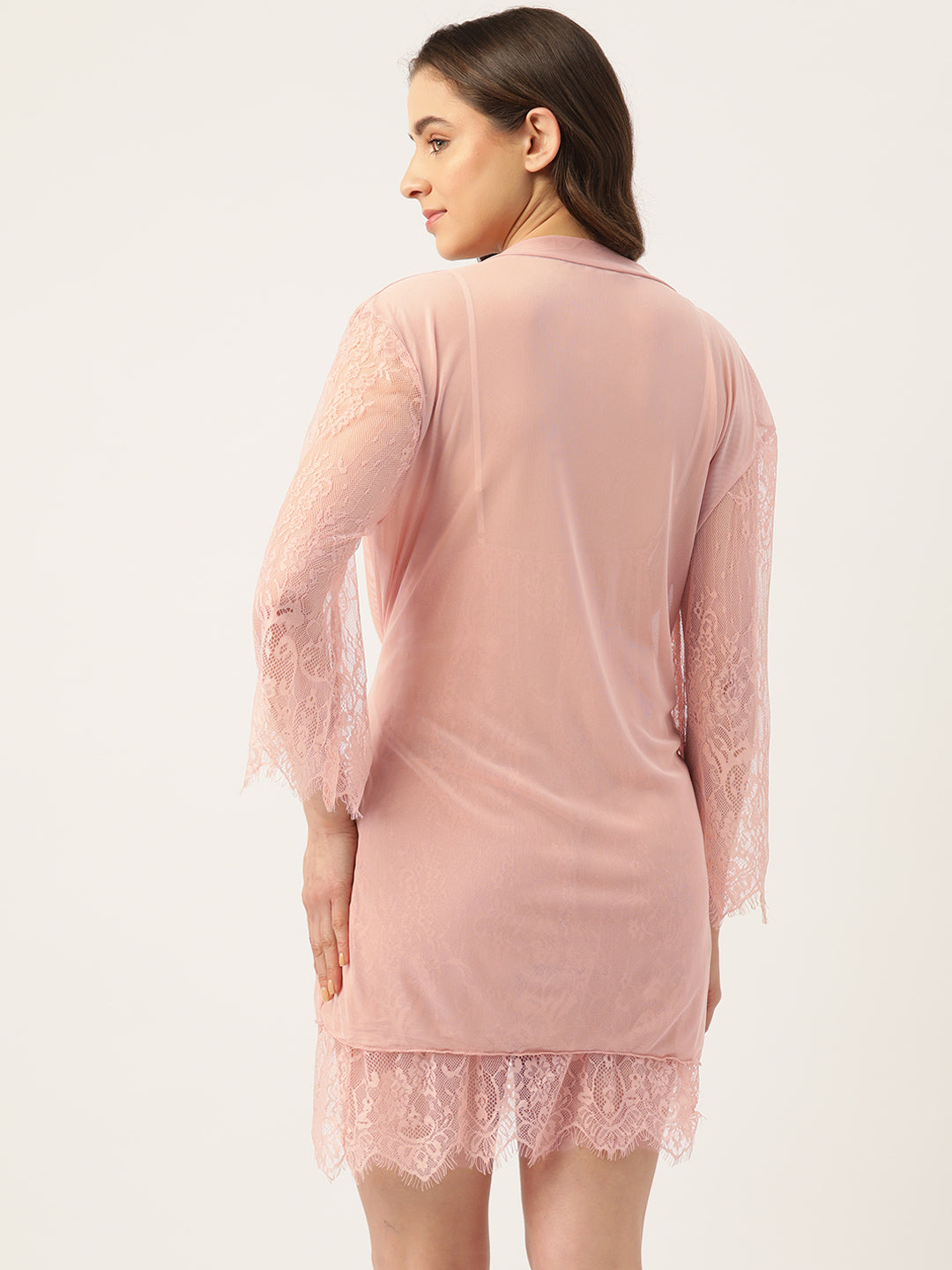 Ms.Lingies Beige Full Lace Babydoll Lingerie/Nighty with Robe & Thong