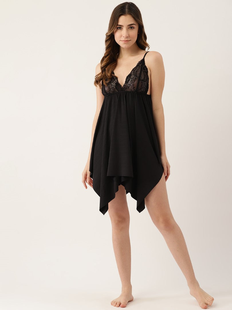 Black sheer self design baby doll with lace