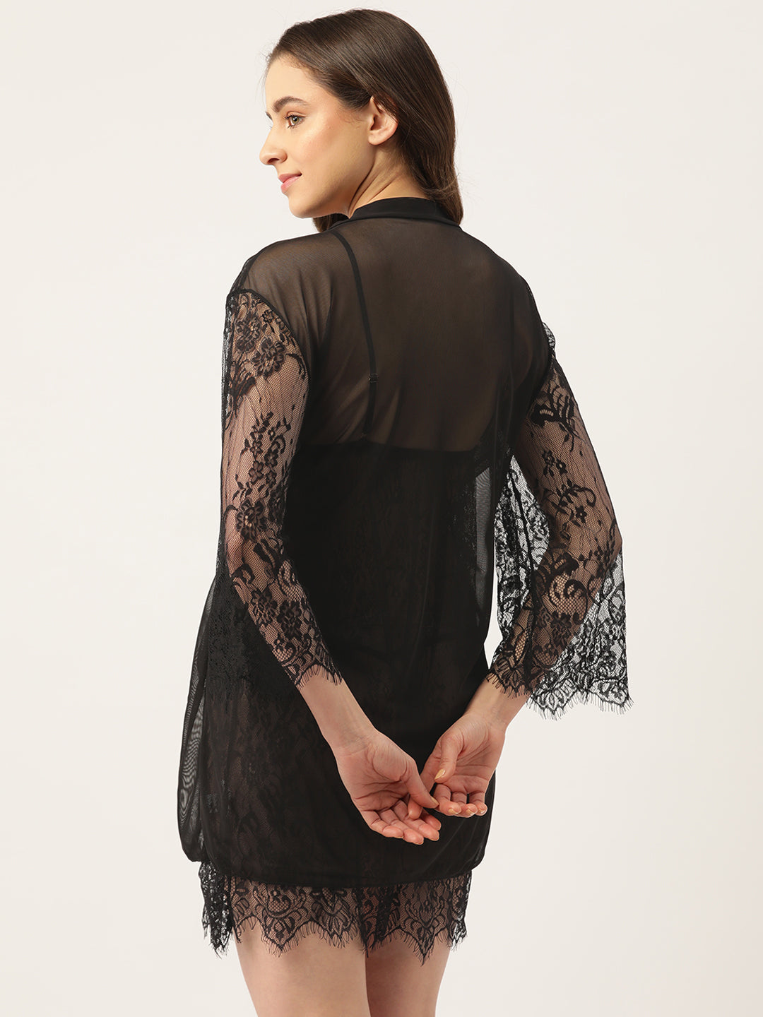 Ms.Lingies Black Full Lace Babydoll Lingerie/Nighty with Robe & Thong