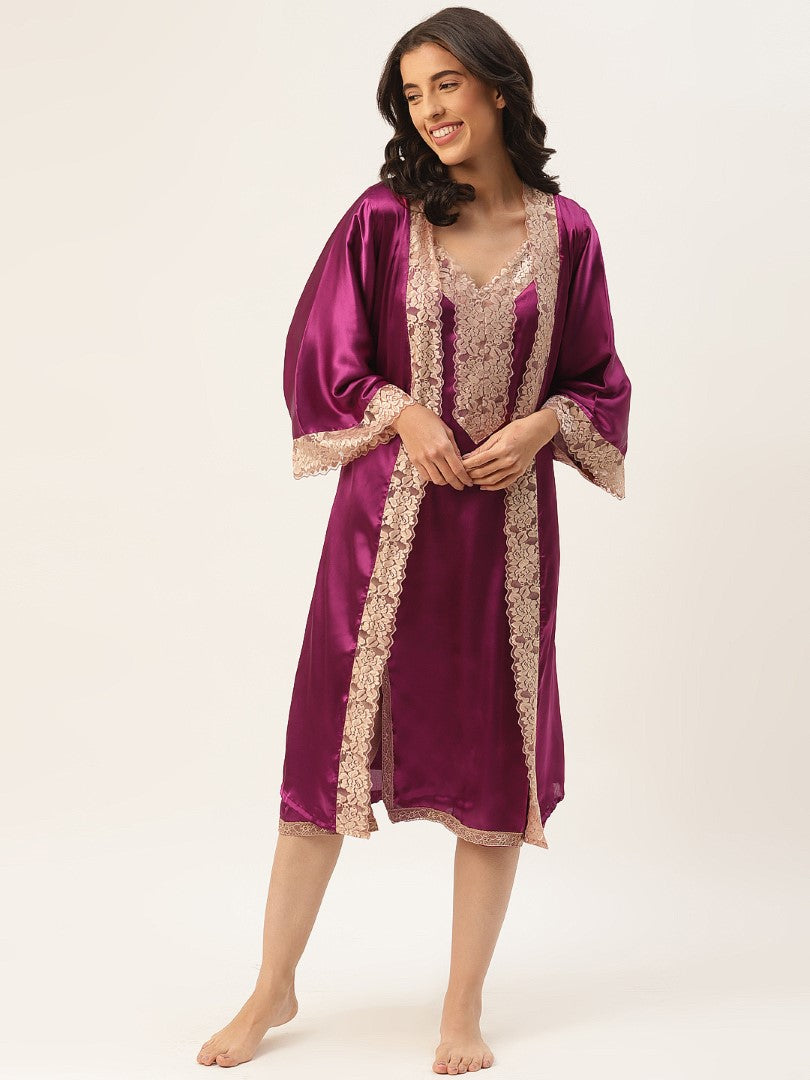 Wine Nightwear/nighty with satin