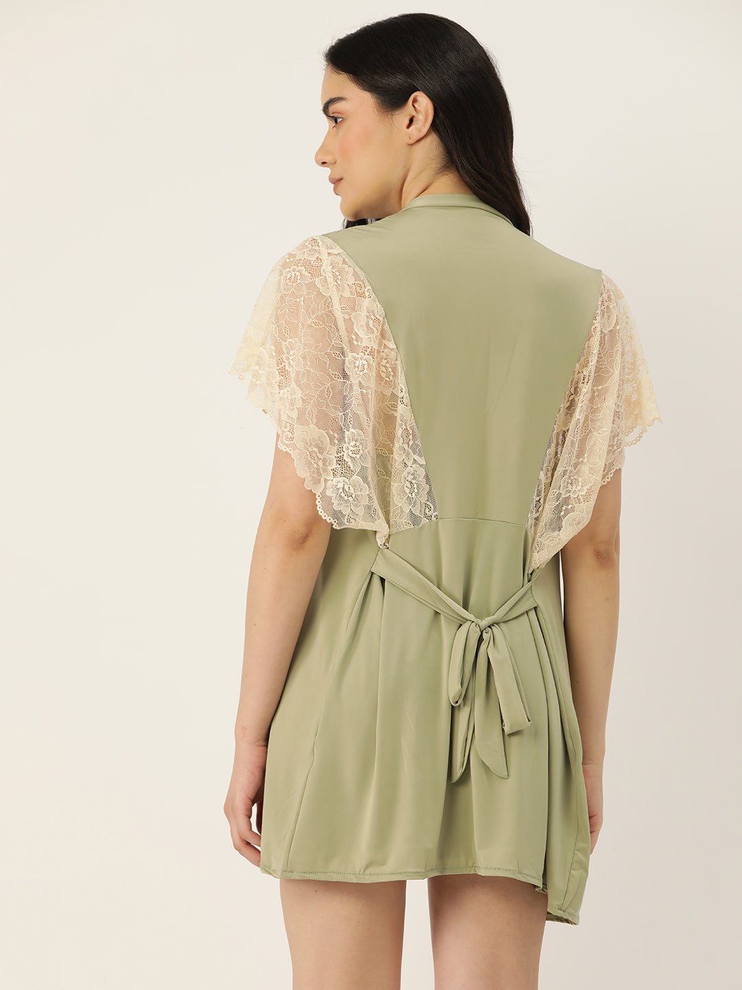 Ms.Lingies Green Solid Finish Babydoll Lingerie/Nighty with Robe & matching Thong