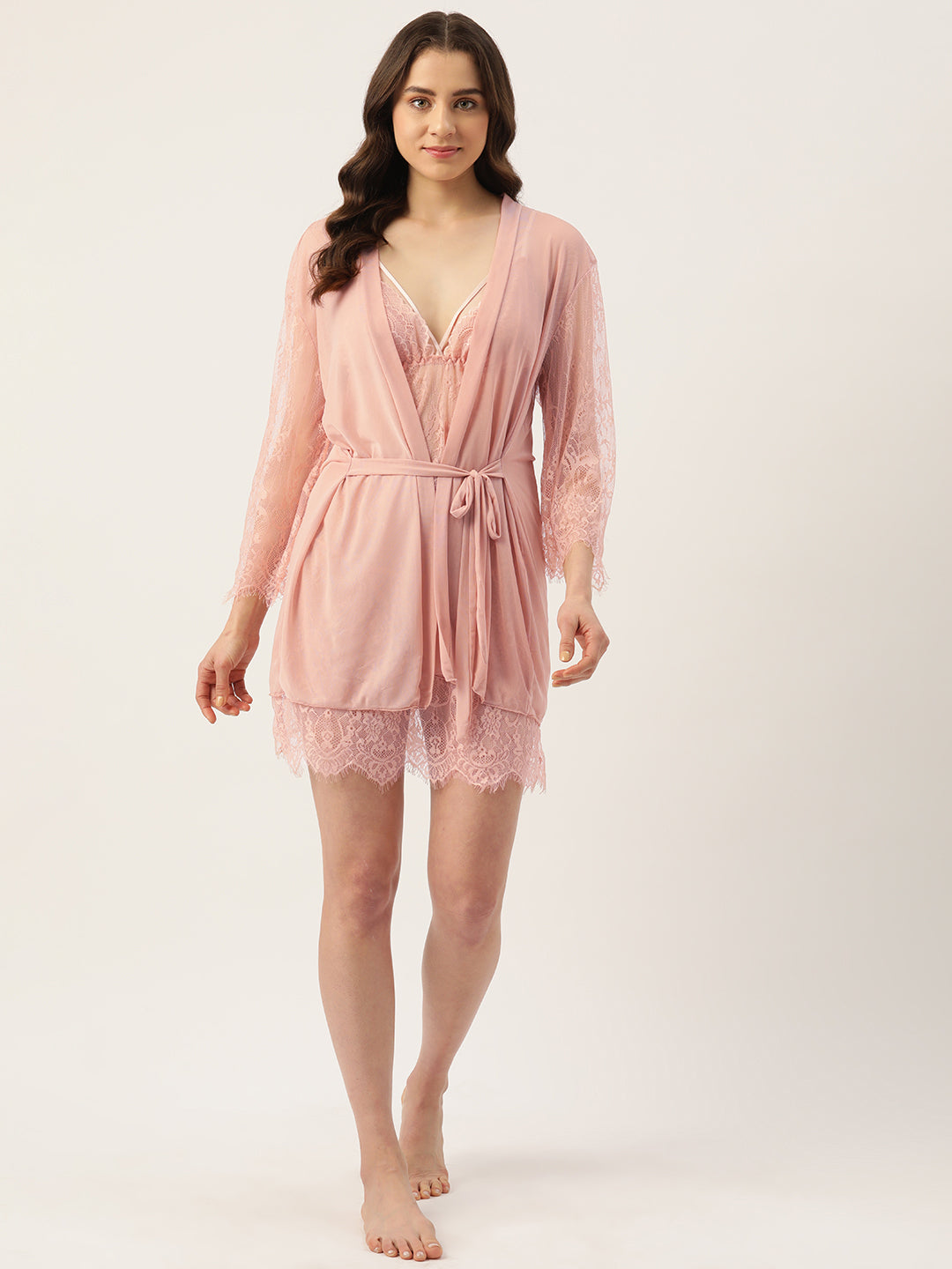 Ms.Lingies Beige Full Lace Babydoll Lingerie/Nighty with Robe & Thong