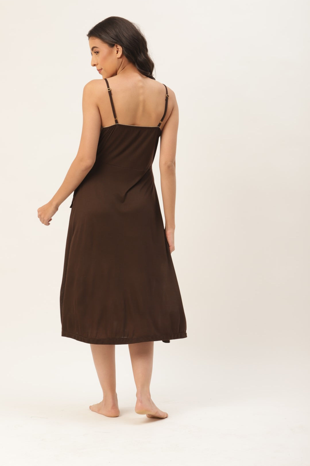 Dark Brown Solid finish Nightwear/ Nighty with Modal Fabric and Lace